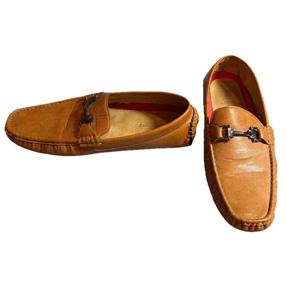 Henry Ferrera Collection Tan Loafers Metal Clasp Detail Size 11